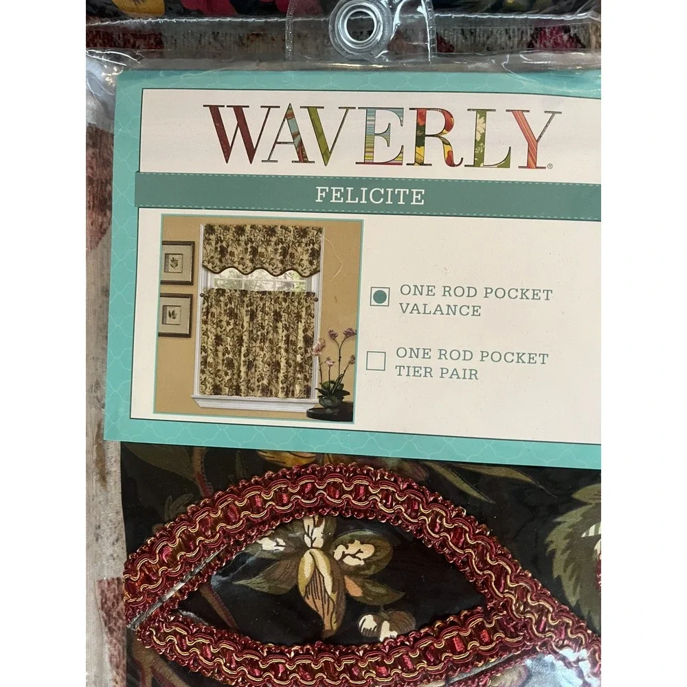 Waverly Felicite Noir 2 Window Panel &  2 Valance  100% Cotton scalloped curtain